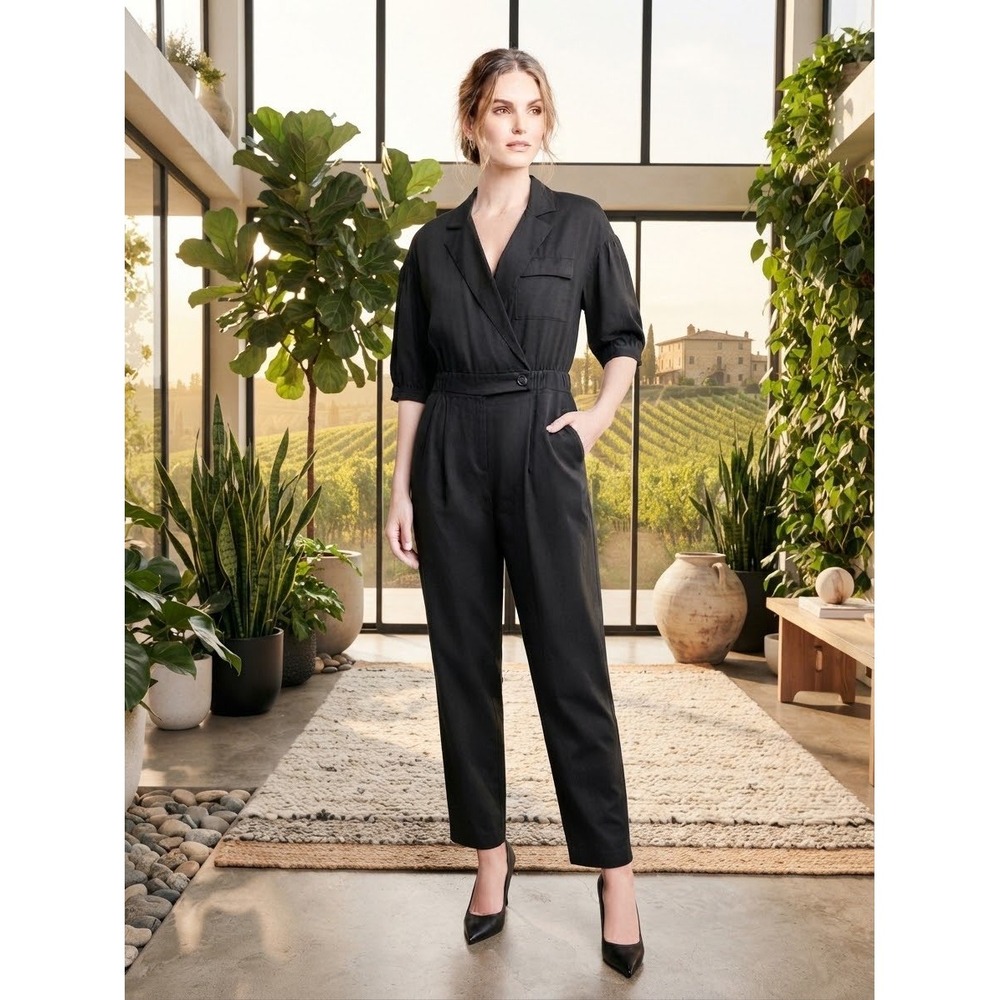 LOFT Womens Jumpsuit Black Lyocell Utility Wrap Puff Sleeve Size 10